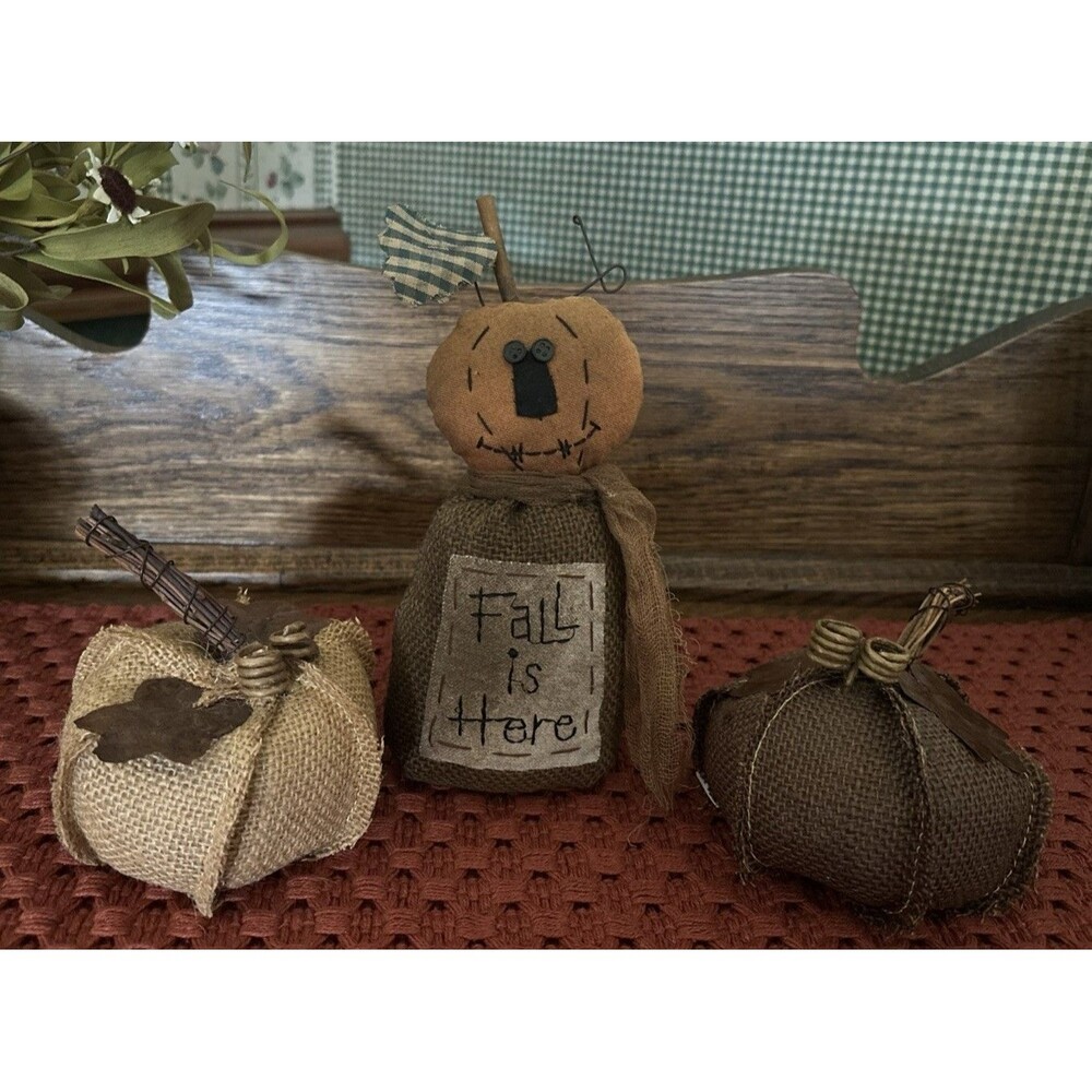 Primitive Pumpkin Man Shelf Sitter & 2 Burlap Country Decor Jack-o-lanterns